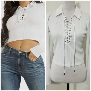 Guess Women's Long-Sleeves Jordin Cropped Lace Up Top White Size Large EUC